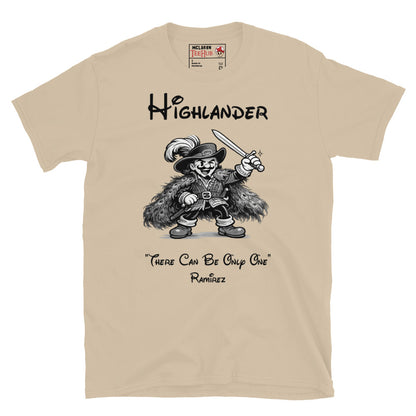 Highlander Ramirez rubber hose cartoon t-shirt featuring vintage 1930s animation style artwork and iconic fantasy movie quote. Sand