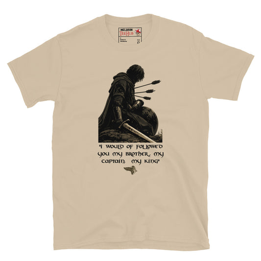 Boromir Lord of the Rings inspired t-shirt featuring the quote My Brother My Captain My King and artwork depicting the warrior of Gondor. Sand