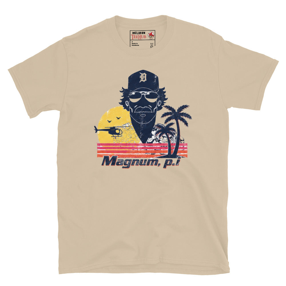 Sand Magnum PI distressed retro t-shirt with vintage Hawaii sunset graphic featuring Detroit Tigers cap sunglasses and palm trees