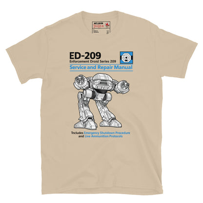 Sand ED-209 RoboCop Service and Repair Manual t-shirt with Haynes style technical illustration of Enforcement Droid 209