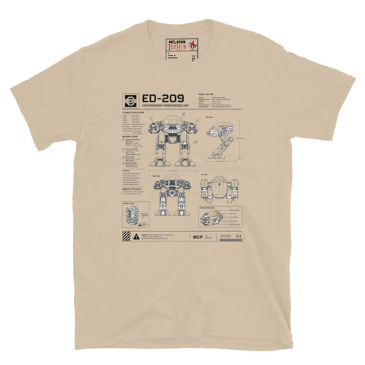 Sand ED-209 technical schematic blueprint t-shirt with full RoboCop Enforcement Droid Series 209 engineering drawing showing multiple views and weapons specifications