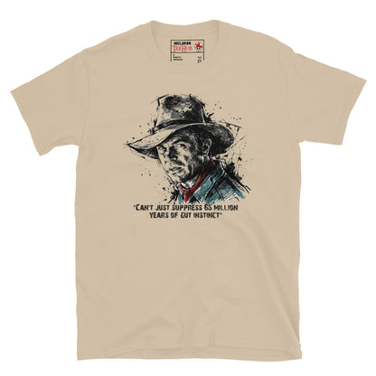 Sand Dr Alan Grant Jurassic Park t-shirt with ink splatter sketch portrait and 65 million years of gut instinct quote in black teal and red