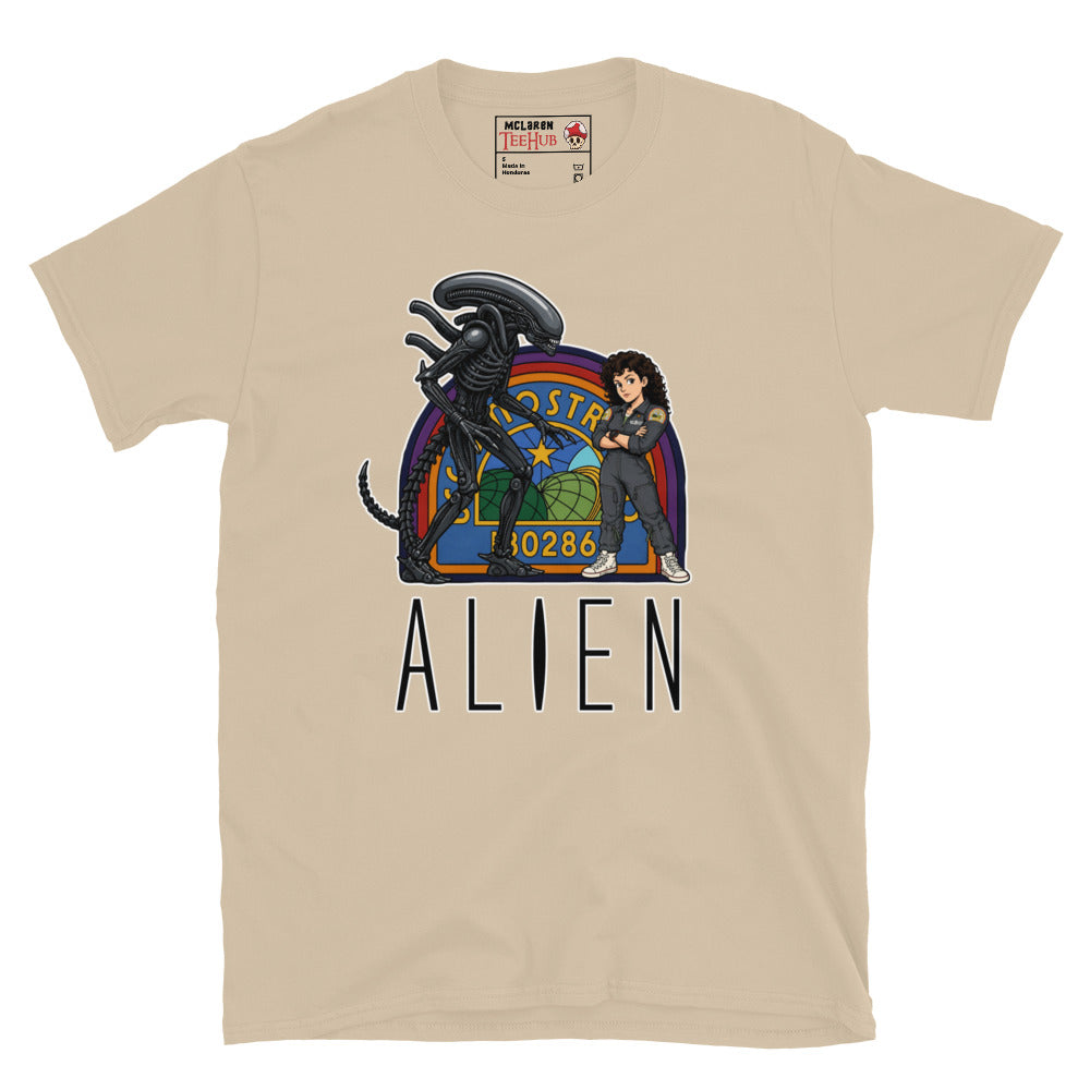 Sand Alien movie retro poster t-shirt featuring Ellen Ripley leaning against Xenomorph in front of Nostromo badge with rainbow colours and ALIEN typography