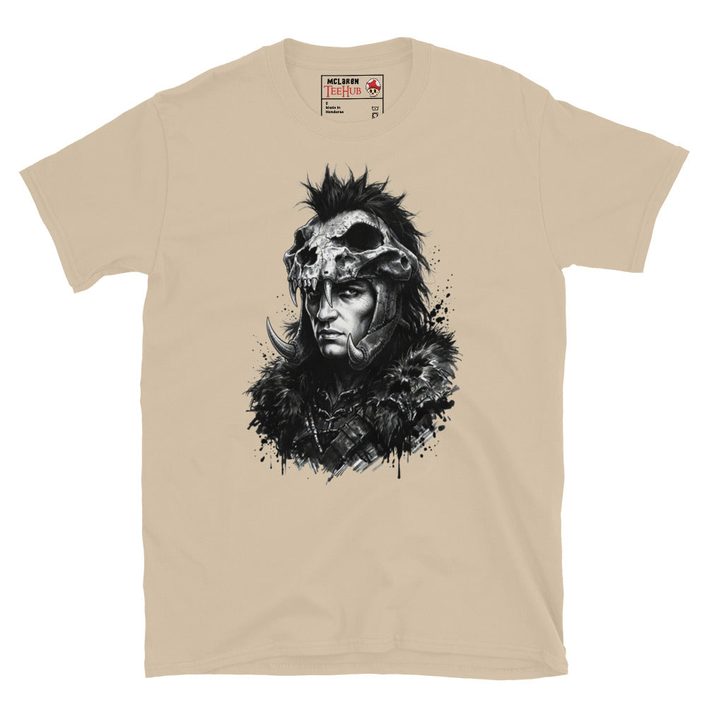 Sand colour Kurgan Highlander t-shirt with dramatic ink splatter portrait of the Kurgan in skull helmet mohawk crest curved tusks and fur collar armour