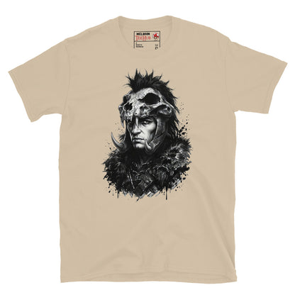Sand colour Kurgan Highlander t-shirt with dramatic ink splatter portrait of the Kurgan in skull helmet mohawk crest curved tusks and fur collar armour