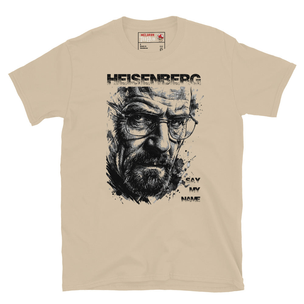 Sand colour Heisenberg Breaking Bad t-shirt with dramatic ink splatter portrait of Walter White wearing glasses with distressed Heisenberg typography and Say My Name lettering