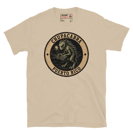 Sand colour Chupacabra Puerto Rico t-shirt with vintage distressed badge featuring original reptilian Chupacabra with scaled body dorsal spines alien eyes and claws in tropical night scene