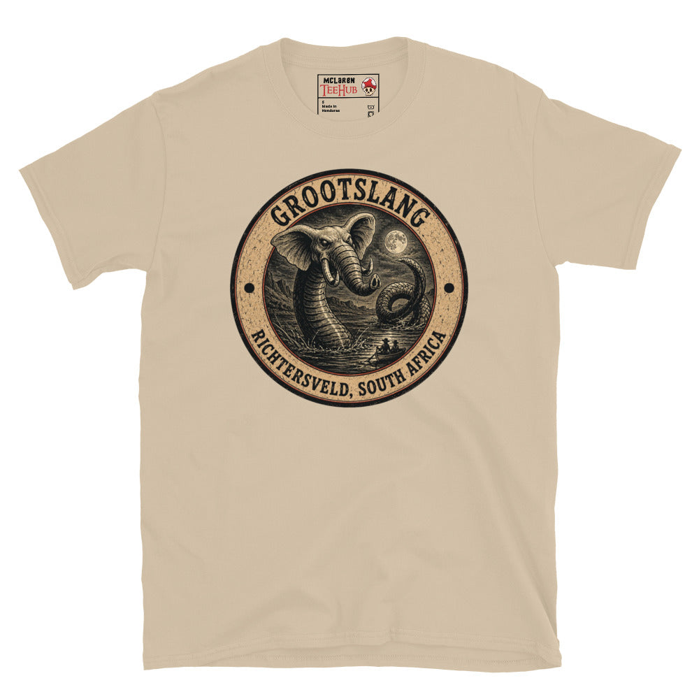 Sand colour Grootslang Richtersveld South Africa t-shirt with vintage distressed badge featuring elephant headed serpent cryptid rising from moonlit water dwarfing tiny boat figures below.