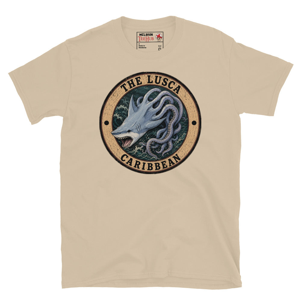 Sand colour Lusca Caribbean sea monster t-shirt with vintage distressed badge featuring half shark half octopus cryptid with open jaws and writhing tentacles in stormy Caribbean waters.