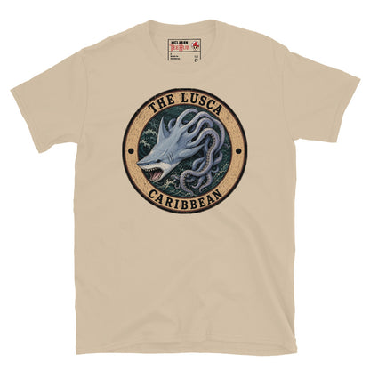 Sand colour Lusca Caribbean sea monster t-shirt with vintage distressed badge featuring half shark half octopus cryptid with open jaws and writhing tentacles in stormy Caribbean waters.