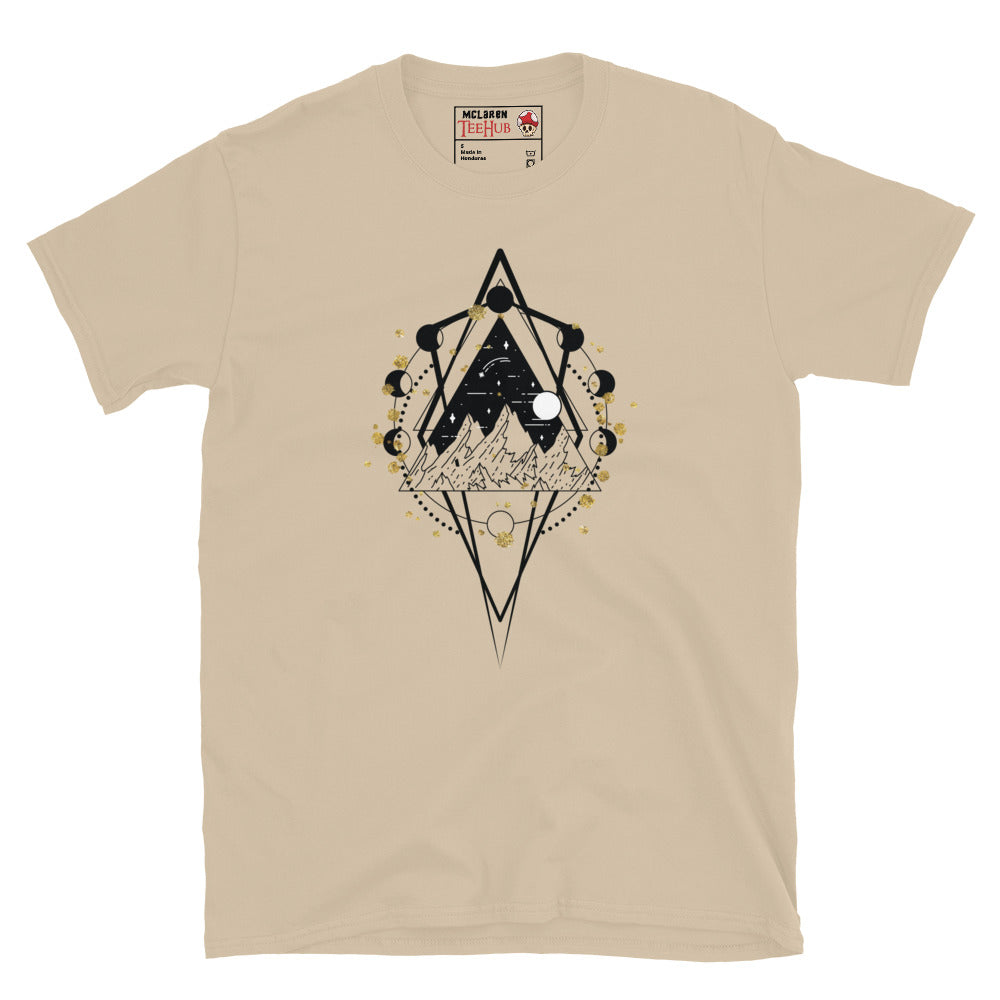 sacred geometry moon phase mountain t-shirt with diamond geometric frame containing mountain night sky landscape surrounded by lunar cycle moon phases and gold foil accents, on sand t-shirt.