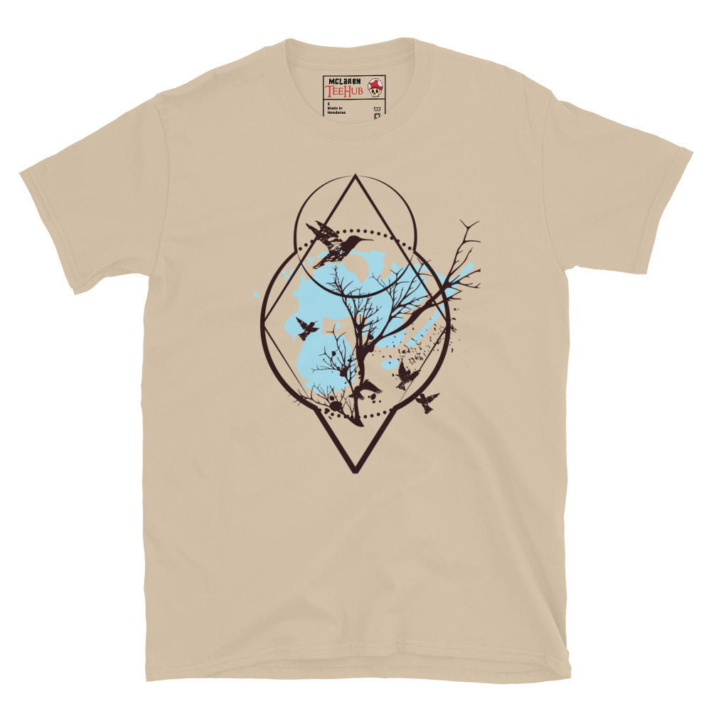 Sand colour sacred geometry birds and tree t-shirt with diamond circle geometric frame containing bare winter tree branches breaking beyond the boundary with birds in flight silhouettes.
