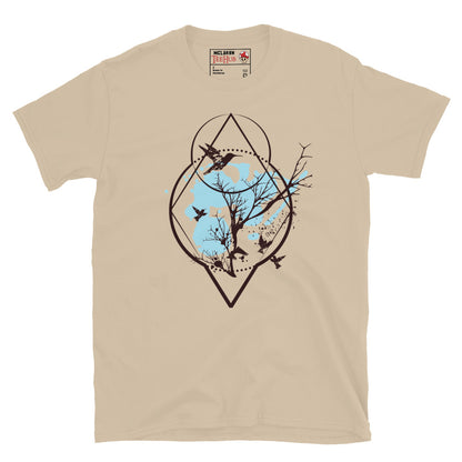 Sand colour sacred geometry birds and tree t-shirt with diamond circle geometric frame containing bare winter tree branches breaking beyond the boundary with birds in flight silhouettes.