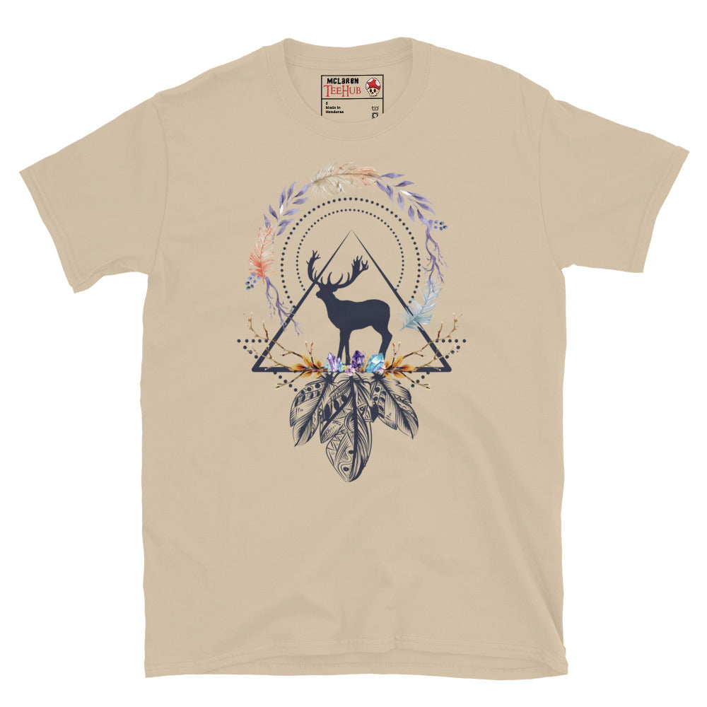 Sand White boho sacred geometry stag t-shirt with stag silhouette in triangle frame surrounded by watercolour feather botanical wreath amethyst crystals and intricate mandala feathers