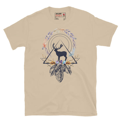 Sand White boho sacred geometry stag t-shirt with stag silhouette in triangle frame surrounded by watercolour feather botanical wreath amethyst crystals and intricate mandala feathers