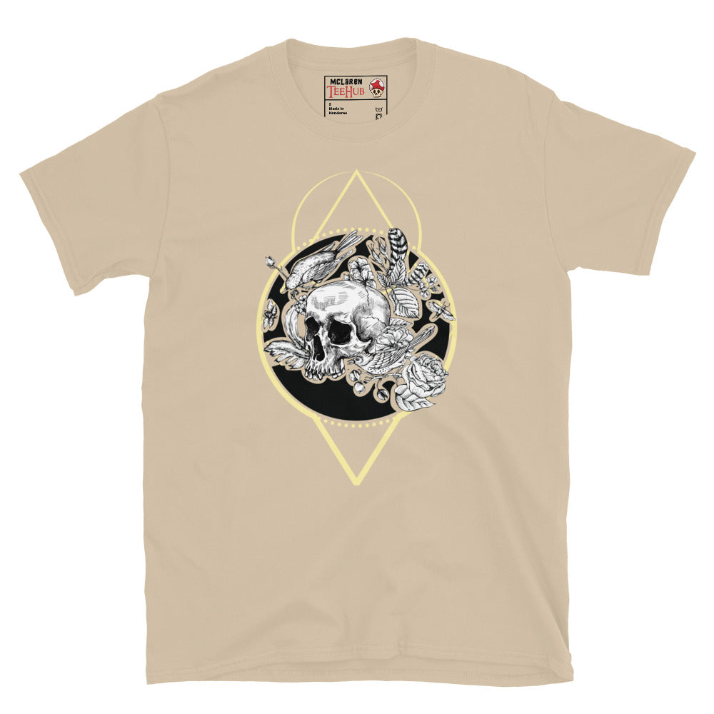 Sand colour memento mori skull botanical t-shirt with detailed skull surrounded by flowers birds feathers and snake in black circle with gold sacred geometry diamond frame.