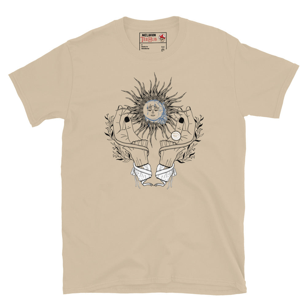 Sand colour celestial witch hands sun moon t-shirt with witchy dark nail hands cradling radiating sun with blue watercolour moon face and botanical sprigs and energy lines.