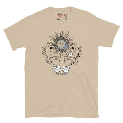 Sand colour celestial witch hands sun moon t-shirt with witchy dark nail hands cradling radiating sun with blue watercolour moon face and botanical sprigs and energy lines.