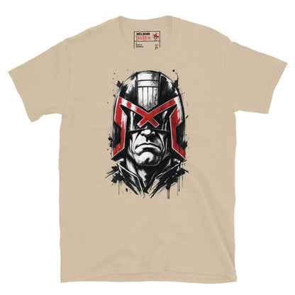 Sand Judge Dredd t-shirt with dramatic ink splatter portrait featuring iconic helmet and bold red eagle visor with high contrast black ink sketch detail and splatter accents