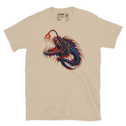Sand dragonfish deep sea fantasy art t-shirt with stunning full body bioluminescent illustration featuring glowing red lure savage fang jaw blue photophore orbs and trailing red gold filaments