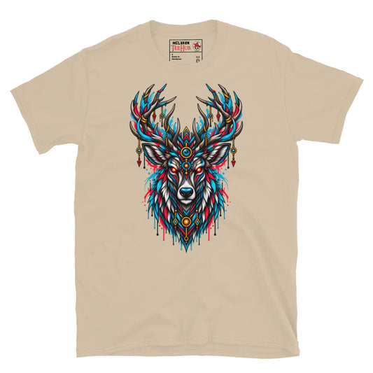 Sand stag sacred geometry fantasy art t-shirt with breathtaking front-facing stag portrait featuring glowing red eyes blue third eye orb teal red fur mane multi-pointed antlers and gold geometric spine