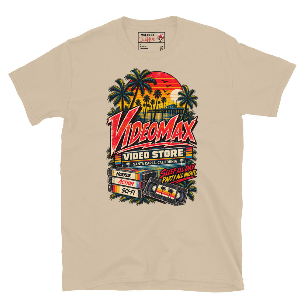 Sand Lost Boys VideoMax Video Store t-shirt with retro California sunset design featuring VideoMax Santa Carla California sign palm trees pier VHS tapes labelled Horror Action Sci-Fi and Sleep All Day Party All Night typography