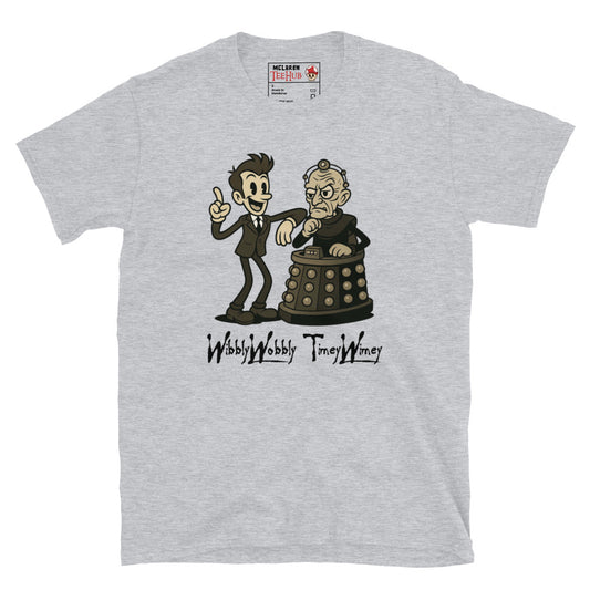Light grey T-shirt featuring a vintage cartoon-style illustration of the Tenth Doctor and Davros with the phrase 'Wibbly Wobbly Timey Wimey' underneath