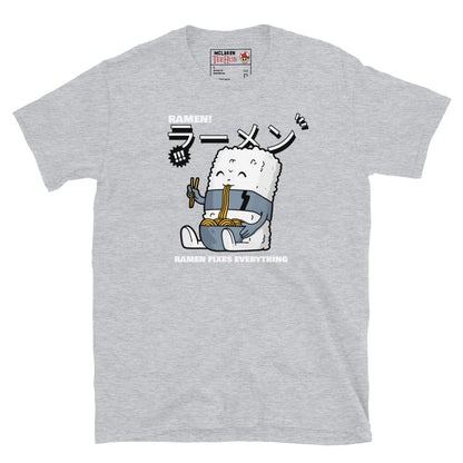 Cute ramen cartoon T-shirt with Japanese text and a rice character holding noodles – "Ramen Fixes Everything" design. Sport Grey