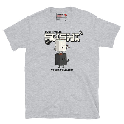 Sport grey T-shirt with cartoon sushi roll and soy sauce bottle, Japanese text, and the phrase “True Soy Mates!”
