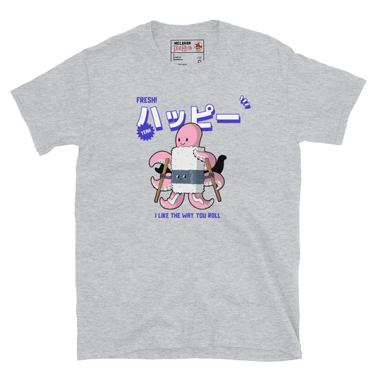 Grey T-shirt with cartoon octopus rolling sushi using chopsticks and the phrase “I Like the Way You Roll” in purple text.
