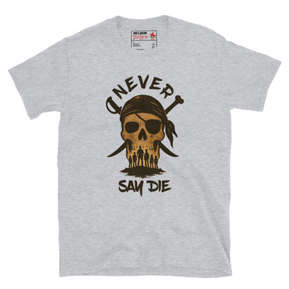 Sport Grey T-shirt with pirate skull graphic and silhouettes of the Goonies crew beneath the words “Never Say Die.”
