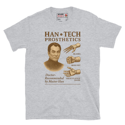 Sport grey T-shirt featuring a vintage ad parody for Han-Tech Prosthetics with images of blade, iron fist, articulated hand, and Master Han from Enter the Dragon
