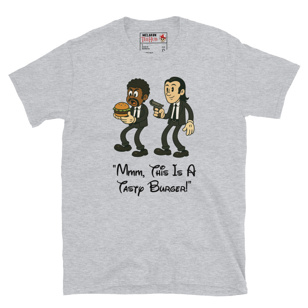 Sport Grey T-shirt with cartoon characters resembling Jules and Vincent from Pulp Fiction, holding a burger and a gun, with the quote “Mmm, This Is a Tasty Burger!”

