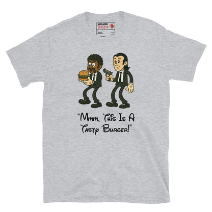 Sport Grey T-shirt with cartoon characters resembling Jules and Vincent from Pulp Fiction, holding a burger and a gun, with the quote “Mmm, This Is a Tasty Burger!”
