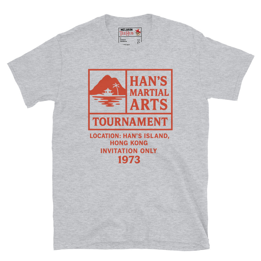 Sport Grey T-shirt with red graphic text: “Han’s Martial Arts Tournament – 1973 invitation only” inspired by Enter the Dragon.
