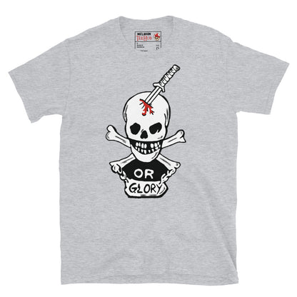 Sport Grey T-shirt featuring the "Or Glory" skull and katana design inspired by Private Hudson's body armor from the movie Aliens.