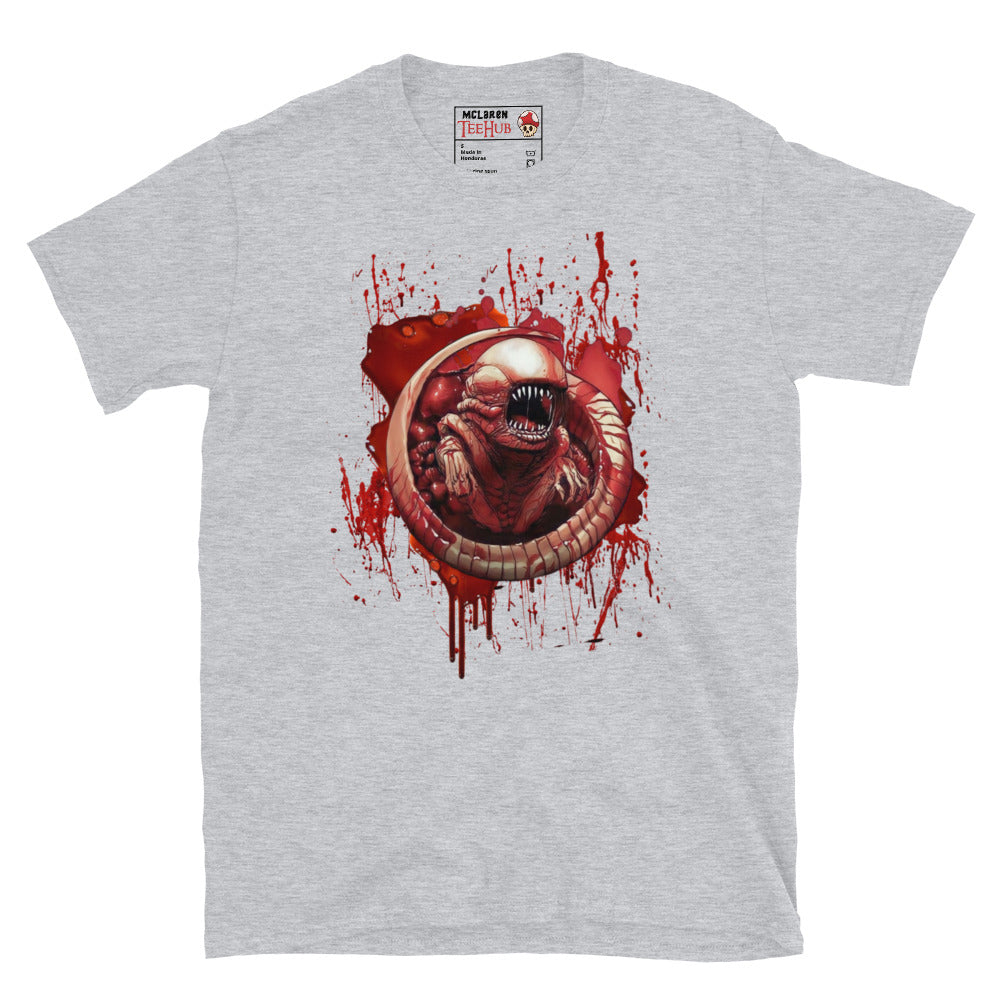Sport Grey T-shirt featuring a detailed chestburster creature erupting with blood splatter, inspired by the Alien movie franchise.