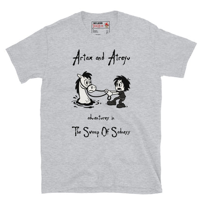 Sport Grey Cartoon-style T-shirt featuring Atreyu pulling Artax from the Swamp of Sadness, inspired by The NeverEnding Story, with the text “Adventures in the Swamp of Sadness.”