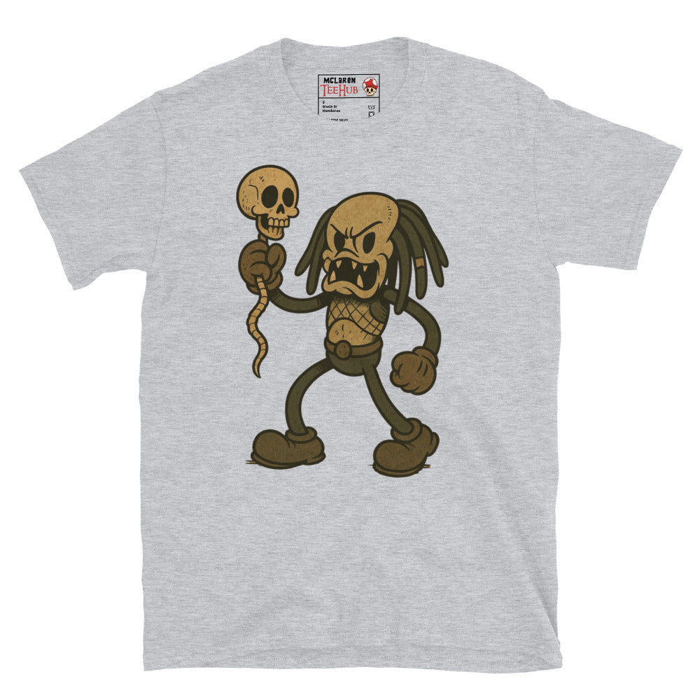 Retro Cartoon Predator T-Shirt in sport grey colour – Predator rubber-hose style holding skull, exclusive McLaren TeeHub design