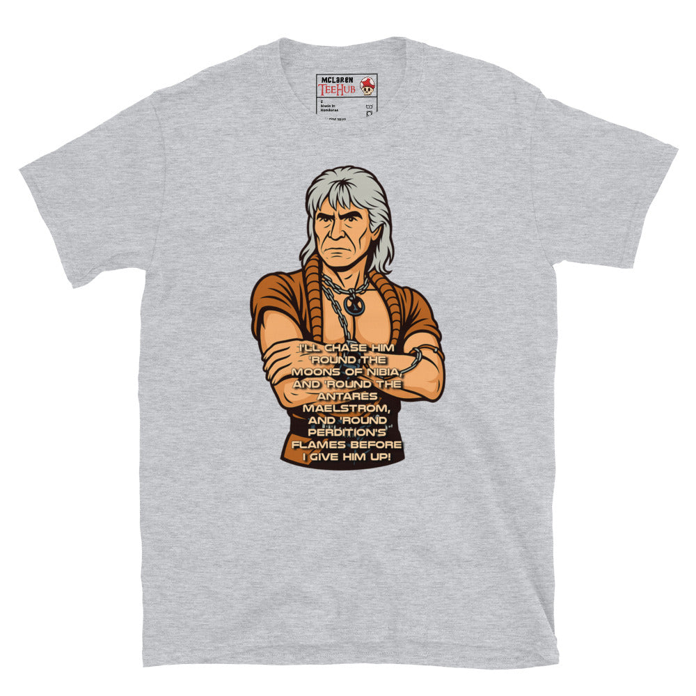 Stylized cartoon of Khan Noonien Singh from Star Trek II: The Wrath of Khan with famous quote printed below, exclusive McLaren TeeHub T-shirt. Sport Grey Colour.