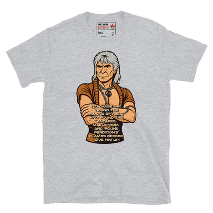 Stylized cartoon of Khan Noonien Singh from Star Trek II: The Wrath of Khan with famous quote printed below, exclusive McLaren TeeHub T-shirt. Sport Grey Colour.