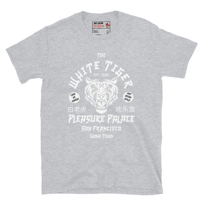 White Tiger Pleasure Palace t-shirt featuring retro Chinatown-inspired artwork and tiger emblem inspired by the cult fantasy action movie Big Trouble in Little China. Sport Grey 