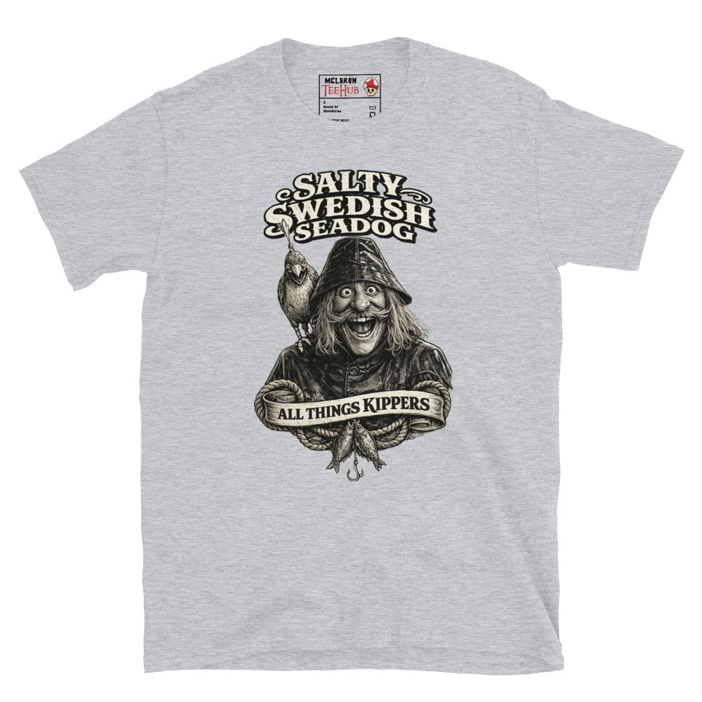 Inspector Clouseau Salty Swedish Seadog t-shirt with vintage nautical illustration of fisherman character and retro typography, Sport Grey 