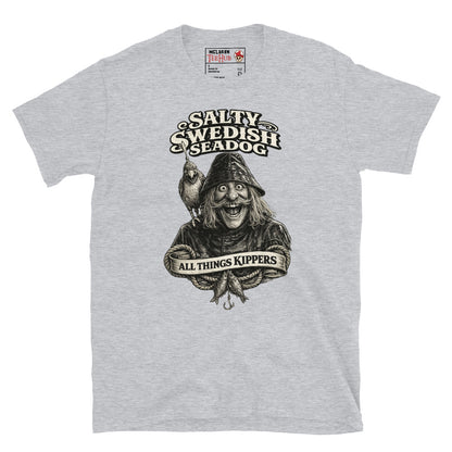Inspector Clouseau Salty Swedish Seadog t-shirt with vintage nautical illustration of fisherman character and retro typography, Sport Grey 