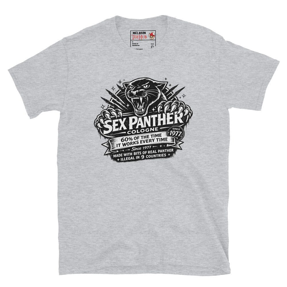 Sex Panther Cologne t-shirt with vintage label design and panther graphic inspired by Anchorman movie, Sport Grey