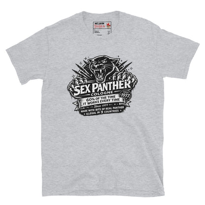 Sex Panther Cologne t-shirt with vintage label design and panther graphic inspired by Anchorman movie, Sport Grey