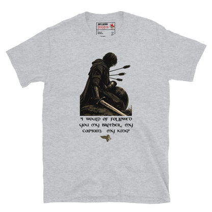 Boromir Lord of the Rings inspired t-shirt featuring the quote My Brother My Captain My King and artwork depicting the warrior of Gondor. Sport Grey 