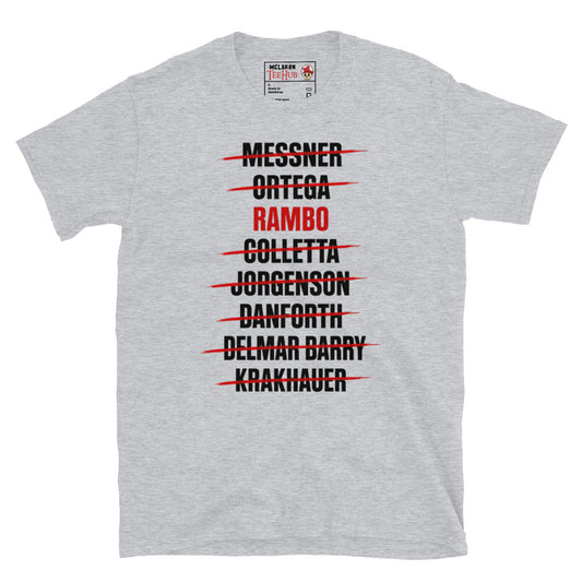 Sport Grey Rambo First Blood Baker Team T-Shirt with crossed out names and Rambo in red text