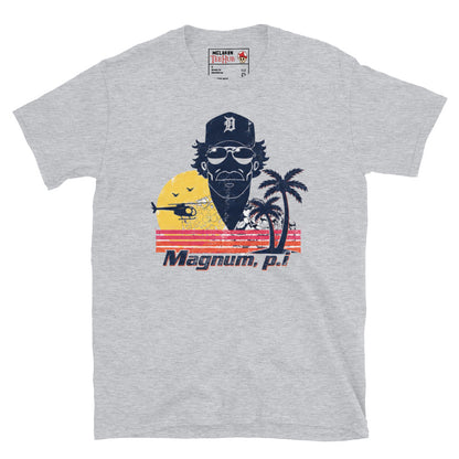 Sport Grey Magnum PI distressed retro t-shirt with vintage Hawaii sunset graphic featuring Detroit Tigers cap sunglasses and palm trees