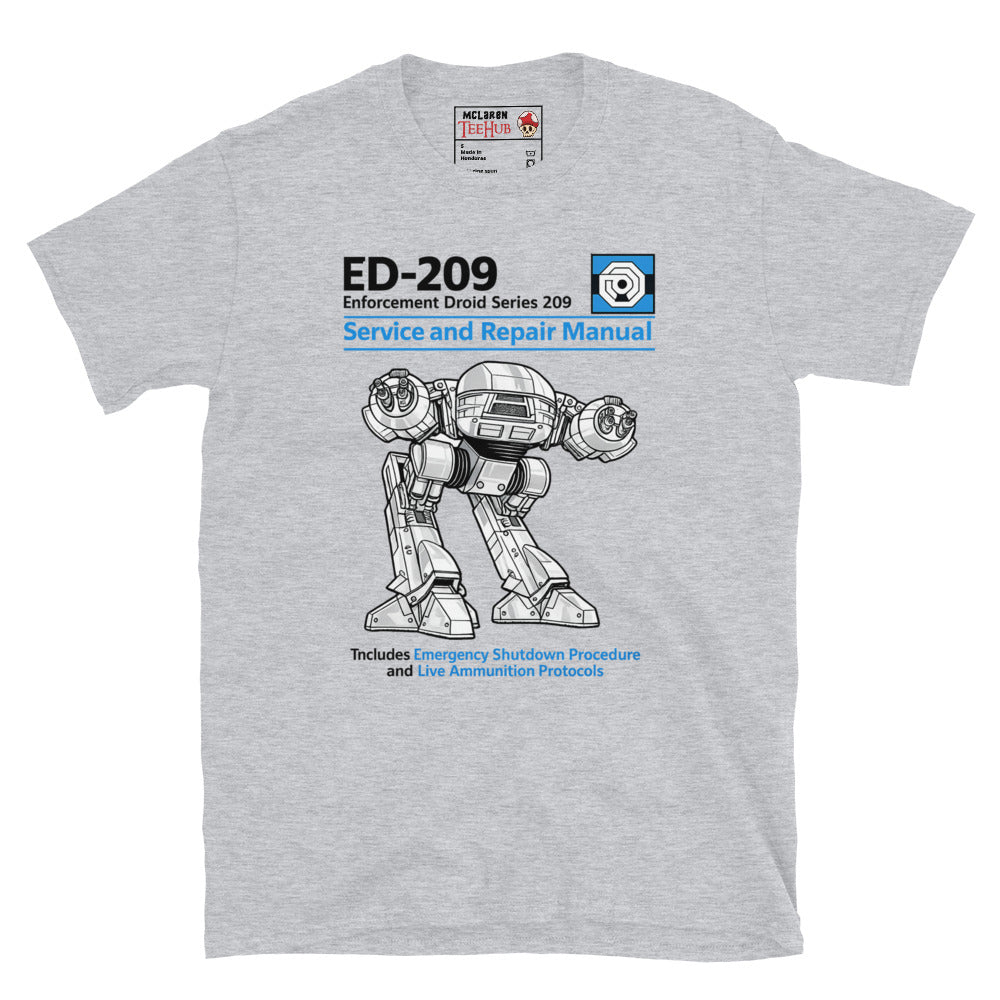 Sport grey ED-209 RoboCop Service and Repair Manual t-shirt with Haynes style technical illustration of Enforcement Droid 209